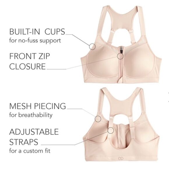 Calia by Go All Out Front Zip Sports Bra high intensity gray black 36DD - Picture 3 of 11